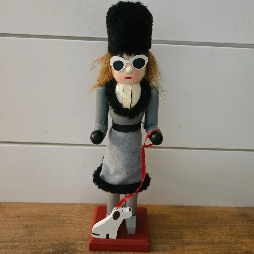 Unique Fashion Nutcracker Woman w Dog Sunglasses Faux Fur Modern Christmas Decor